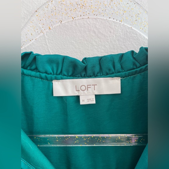LOFT Emerald Green Ruffle V-Neck Long Sleeve Blouse - Picture 4 of 5